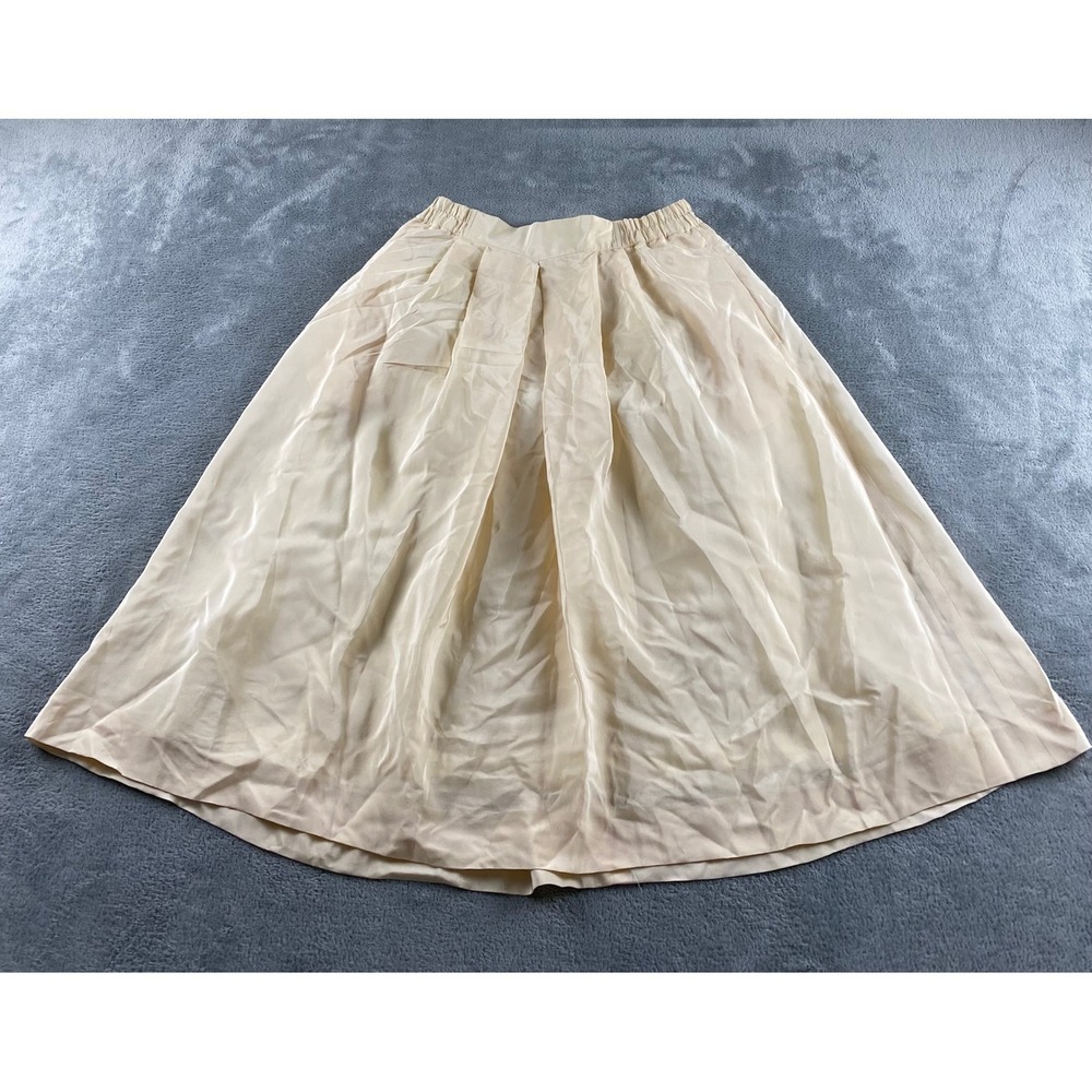 Omanti Vintage 100% Silk Pleated Midi Skirt Cream Champagne Size 6 Elastic Waist